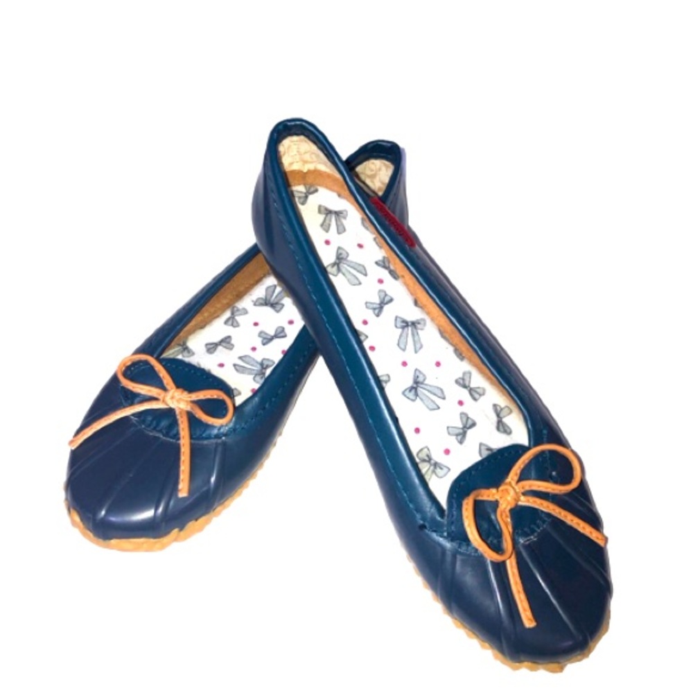 Chooka Blue Shoe Flat Loafer 7 Rubber Tan Bow Removable Insole Preowned